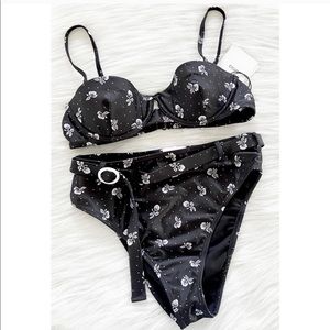Onia Black Floral High Waisted Bikini Swim Set